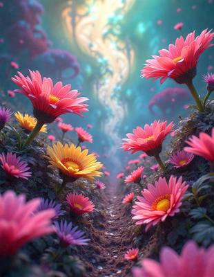 The primary subject of the image is a beautiful garden filled with a variety of colorful flowers. The setting is a lush, vibrant environment with a variety of plants and flowers. The visual style of the image is a combination of photo and digital art, creating a realistic yet artistic representation of the garden. The colors and mood of the image are predominantly pink and purple, giving the scene a warm and inviting atmosphere.
